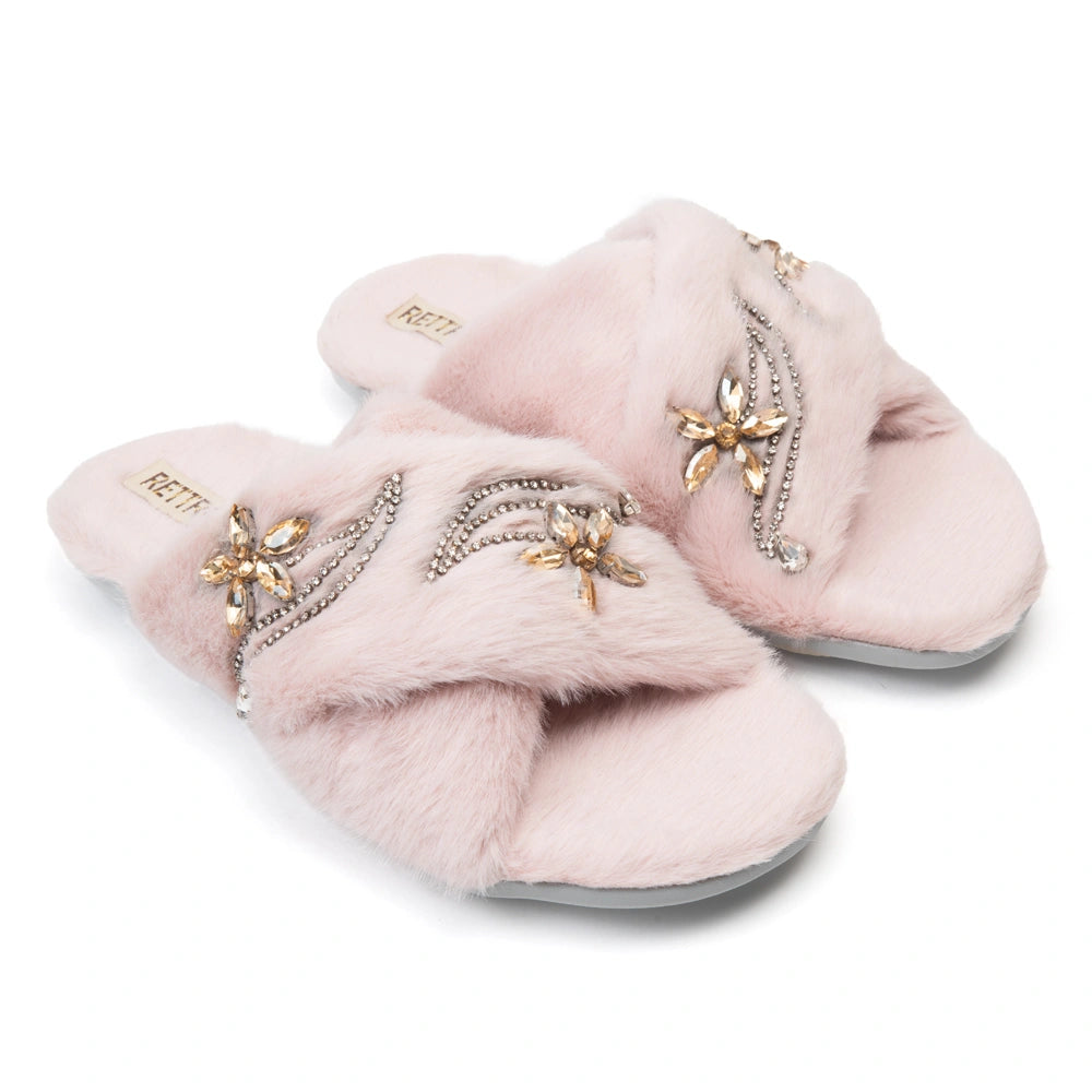 The Zoey Dusky Pink Luxury Fluffy Embellished Slippers