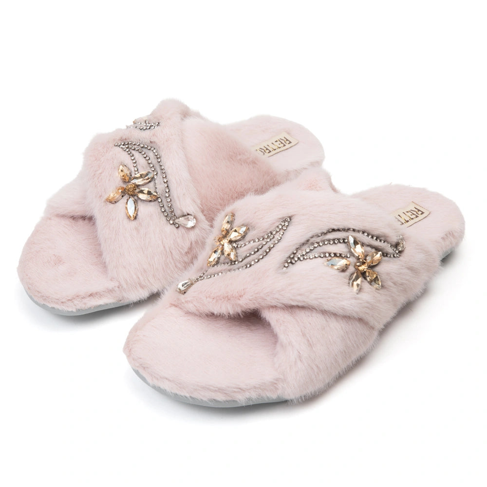 The Zoey Dusky Pink Luxury Fluffy Embellished Slippers