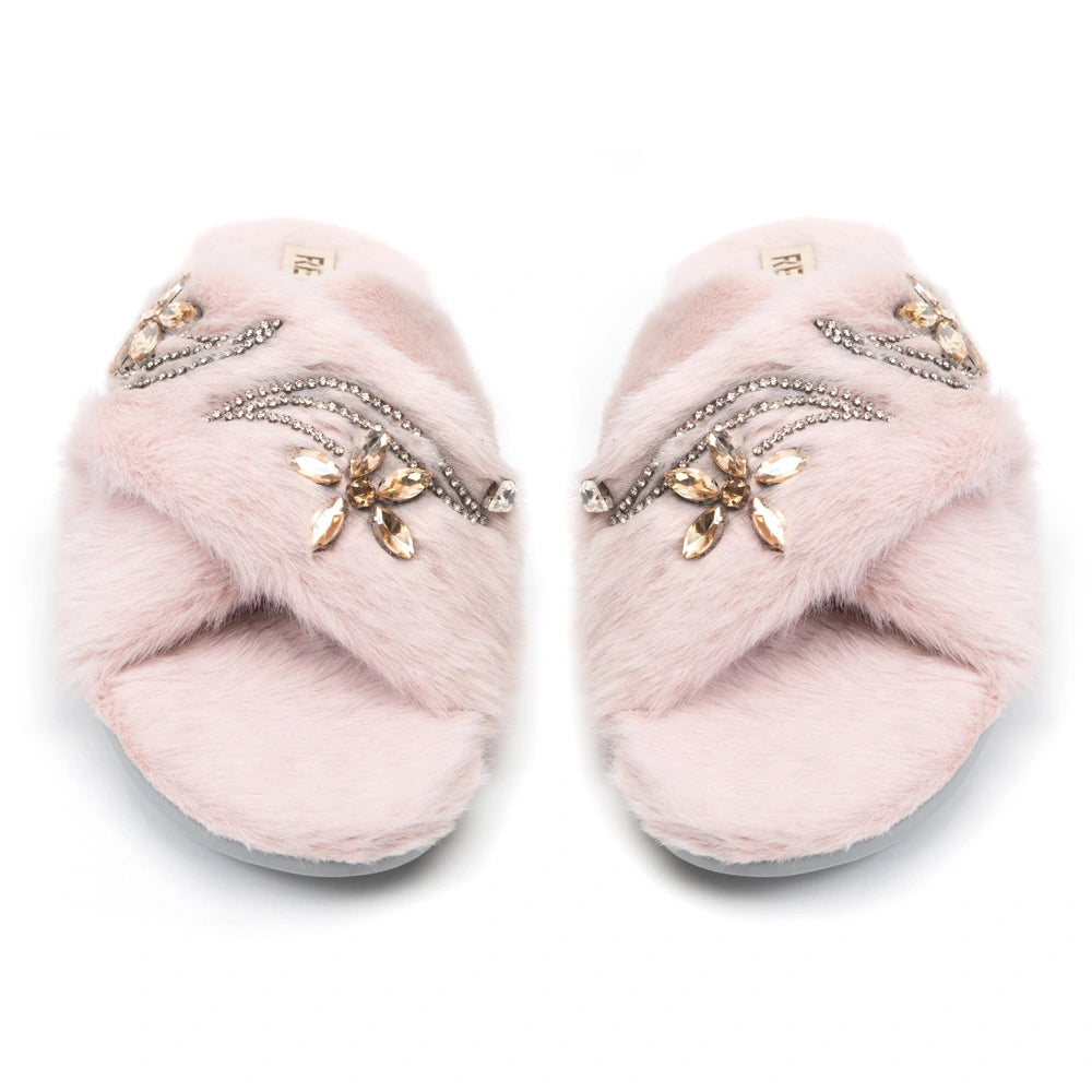 The Zoey Dusky Pink Luxury Fluffy Embellished Slippers