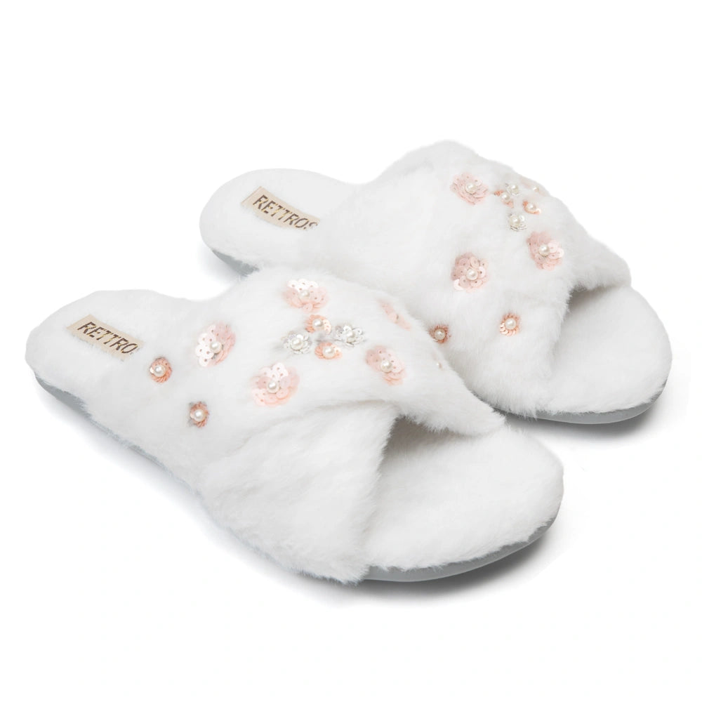 The Kinsley Cream Luxury Fluffy Embellished Slippers