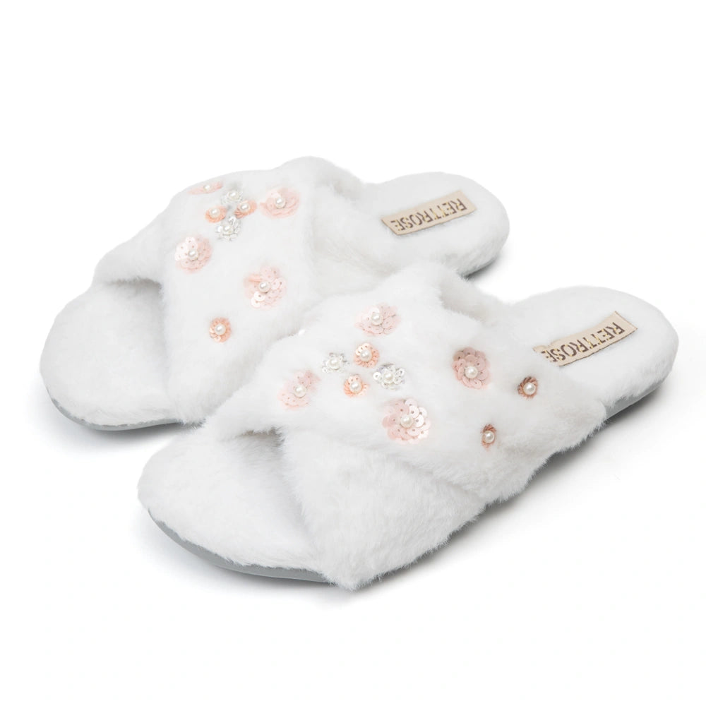 The Kinsley Cream Luxury Fluffy Embellished Slippers