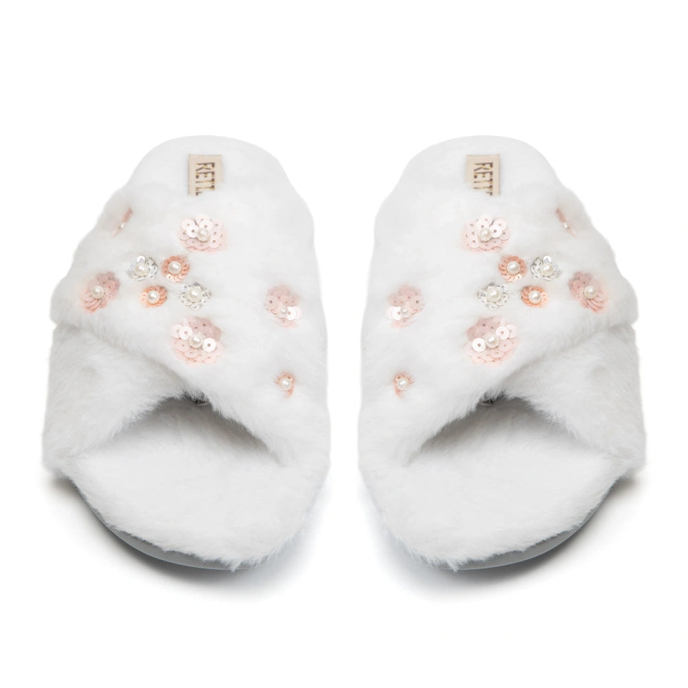 The Kinsley Cream Luxury Fluffy Embellished Slippers