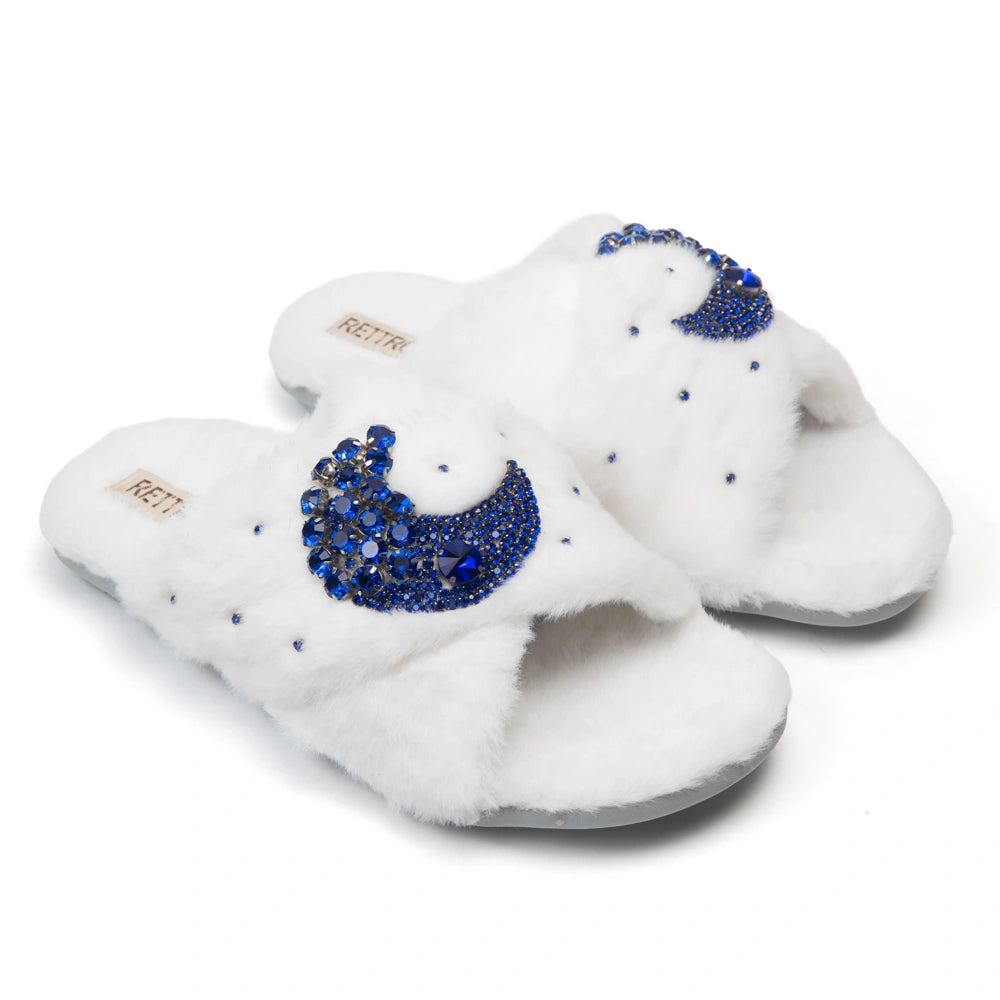 The Alma White Luxury Fluffy Embellished Slippers