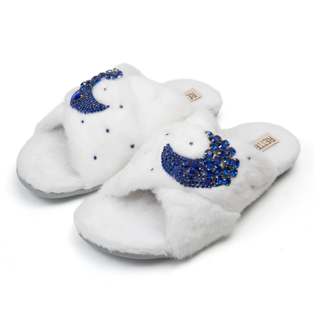 The Alma White Luxury Fluffy Embellished Slippers
