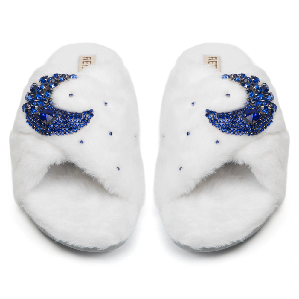 The Alma White Luxury Fluffy Embellished Slippers