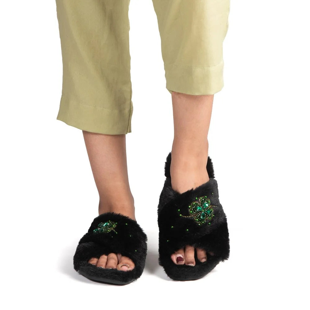 The Emma Noir Luxury Fluffy Embellished Slippers