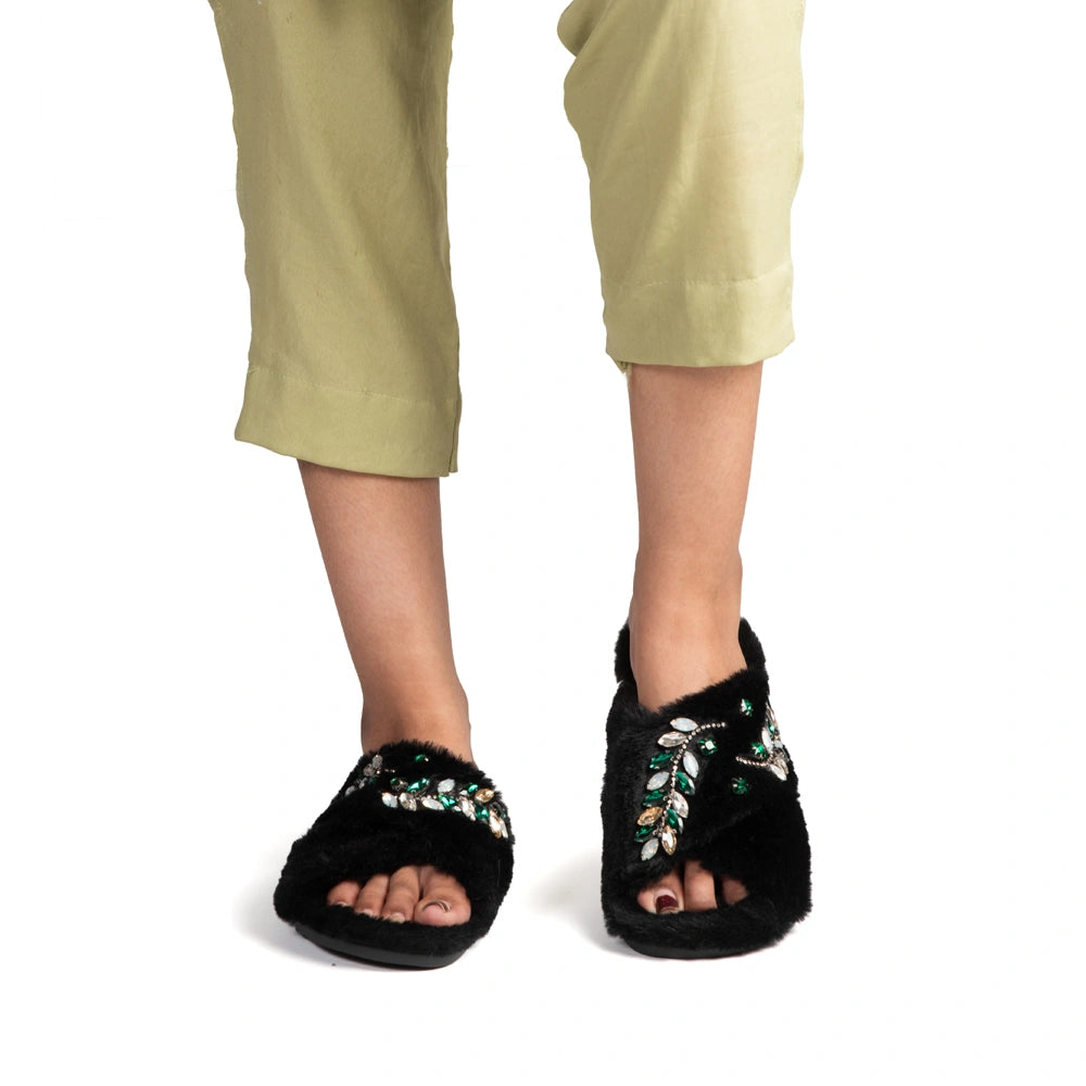 The Thea Black Luxury Fluffy Embellished Slippers