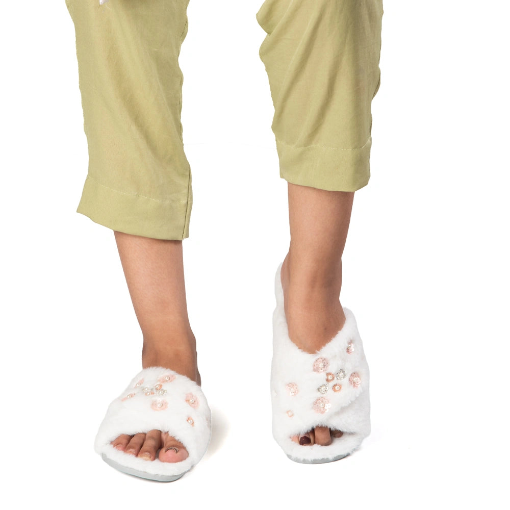 The Kinsley Cream Luxury Fluffy Embellished Slippers