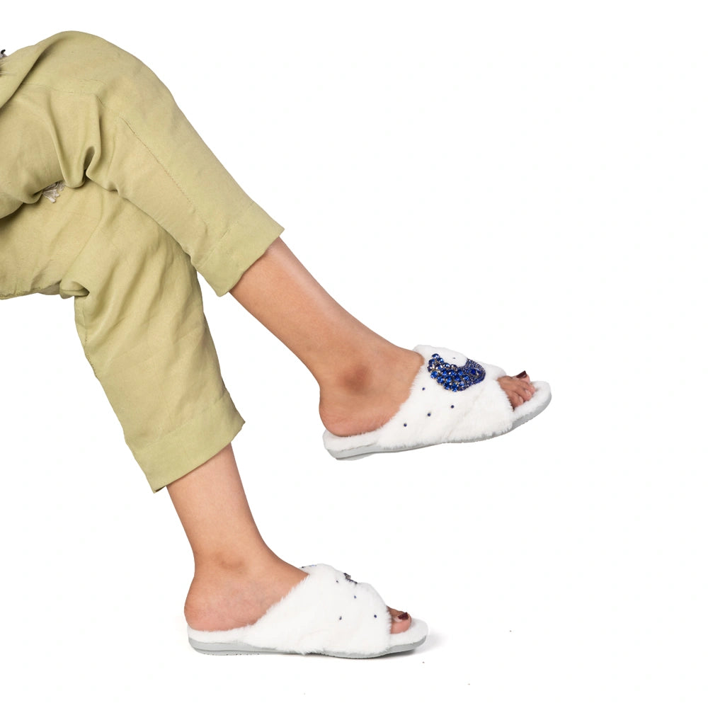 The Alma White Luxury Fluffy Embellished Slippers