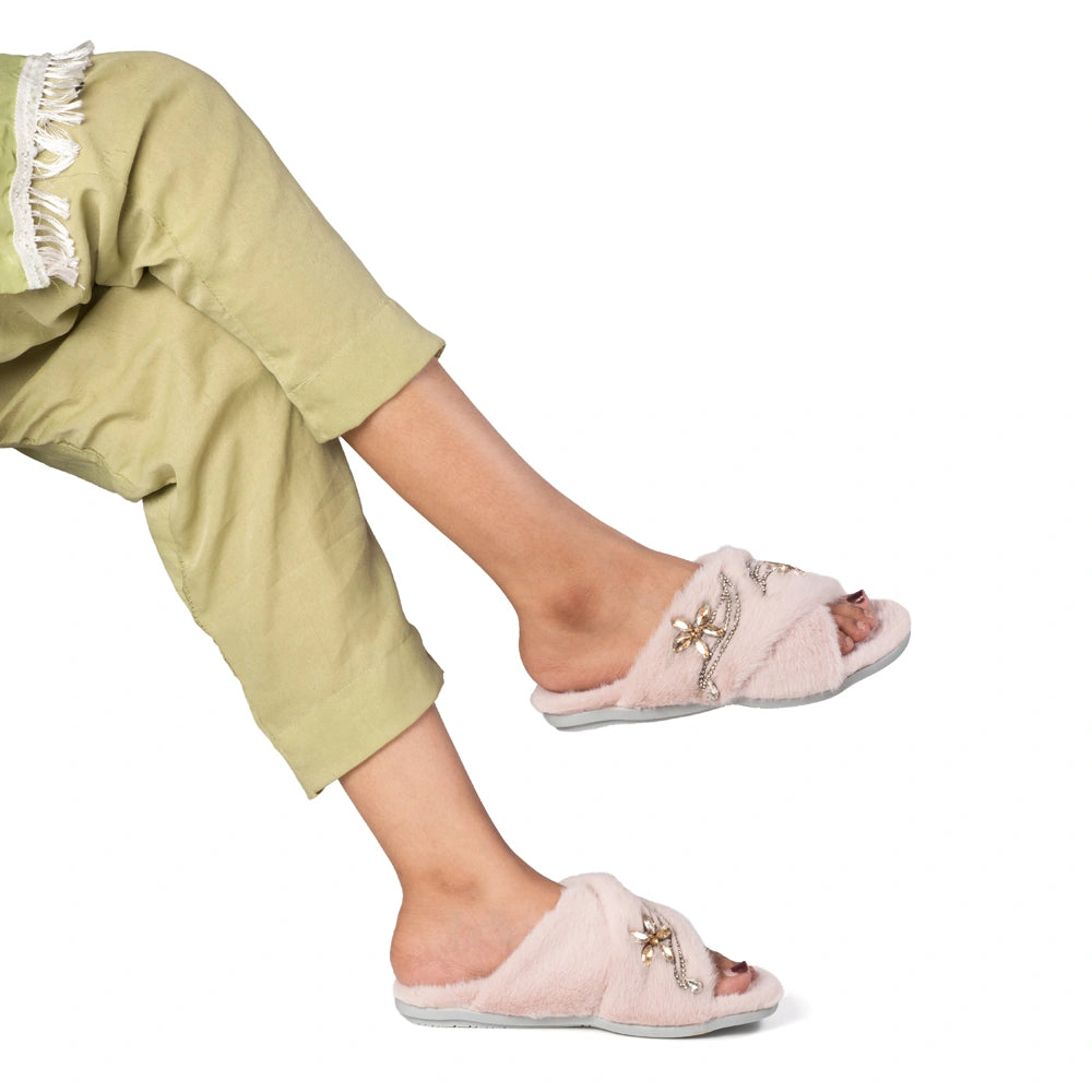 The Zoey Dusky Pink Luxury Fluffy Embellished Slippers
