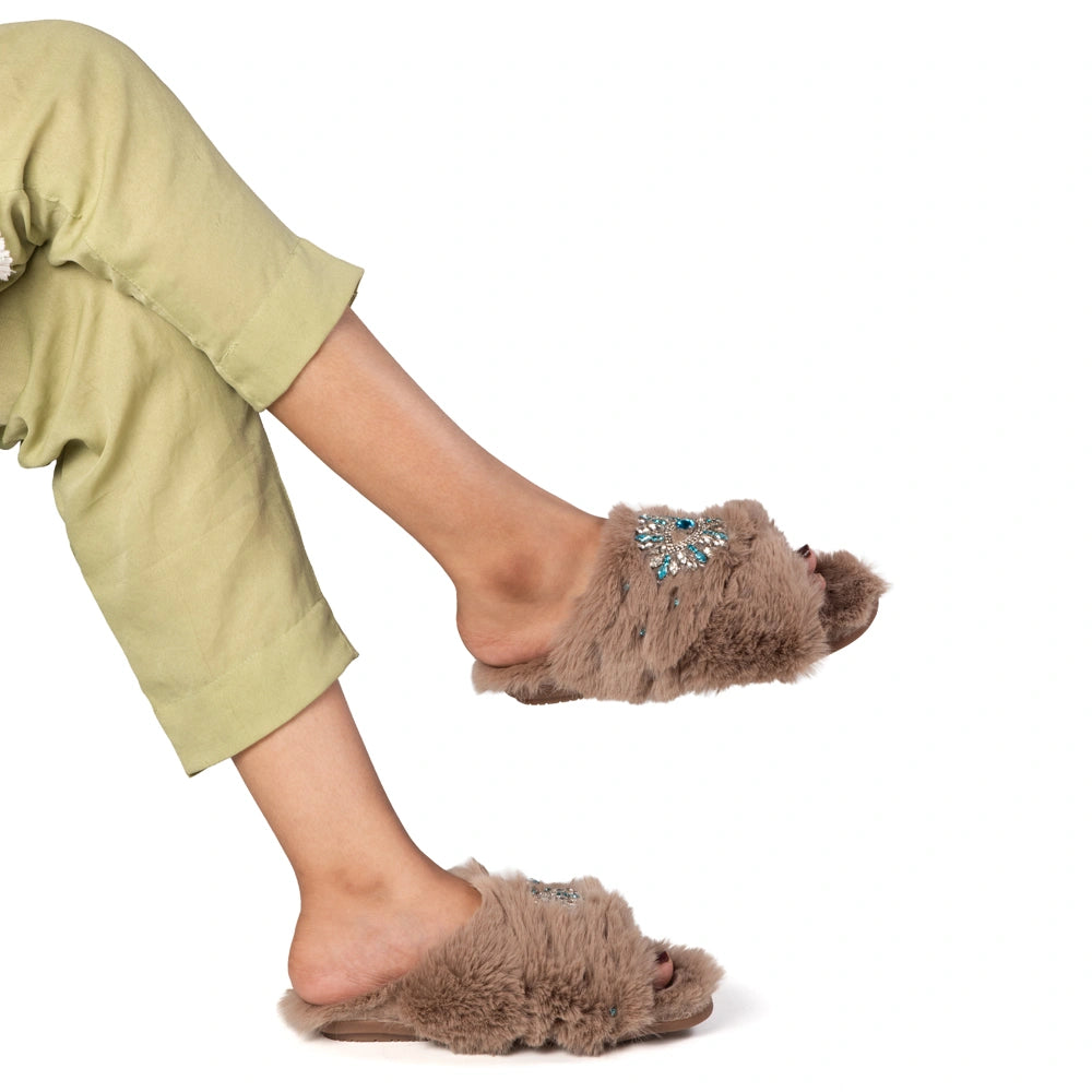 The Hannah Mink Luxury Fluffy Embellished Slippers