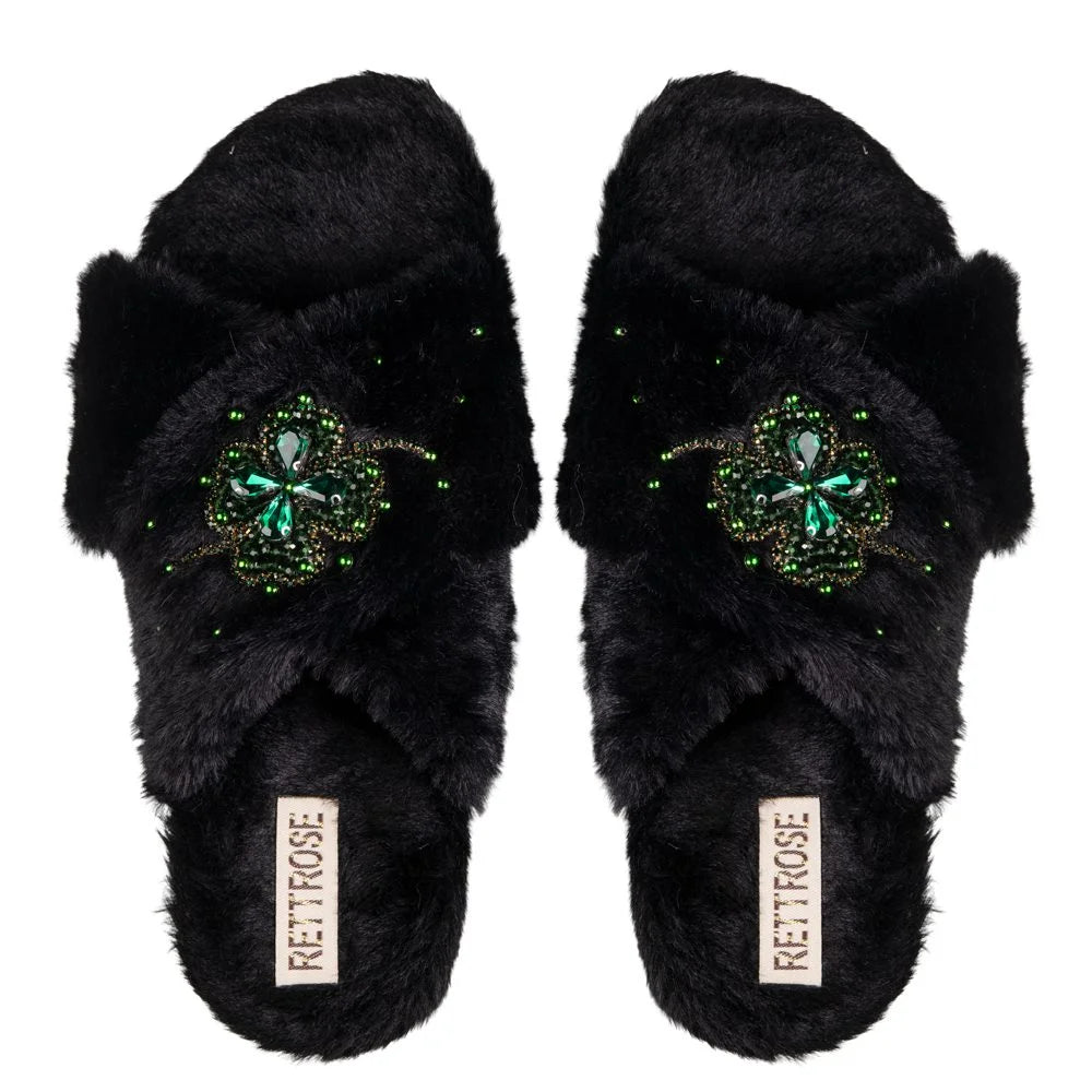 The Emma Noir Luxury Fluffy Embellished Slippers