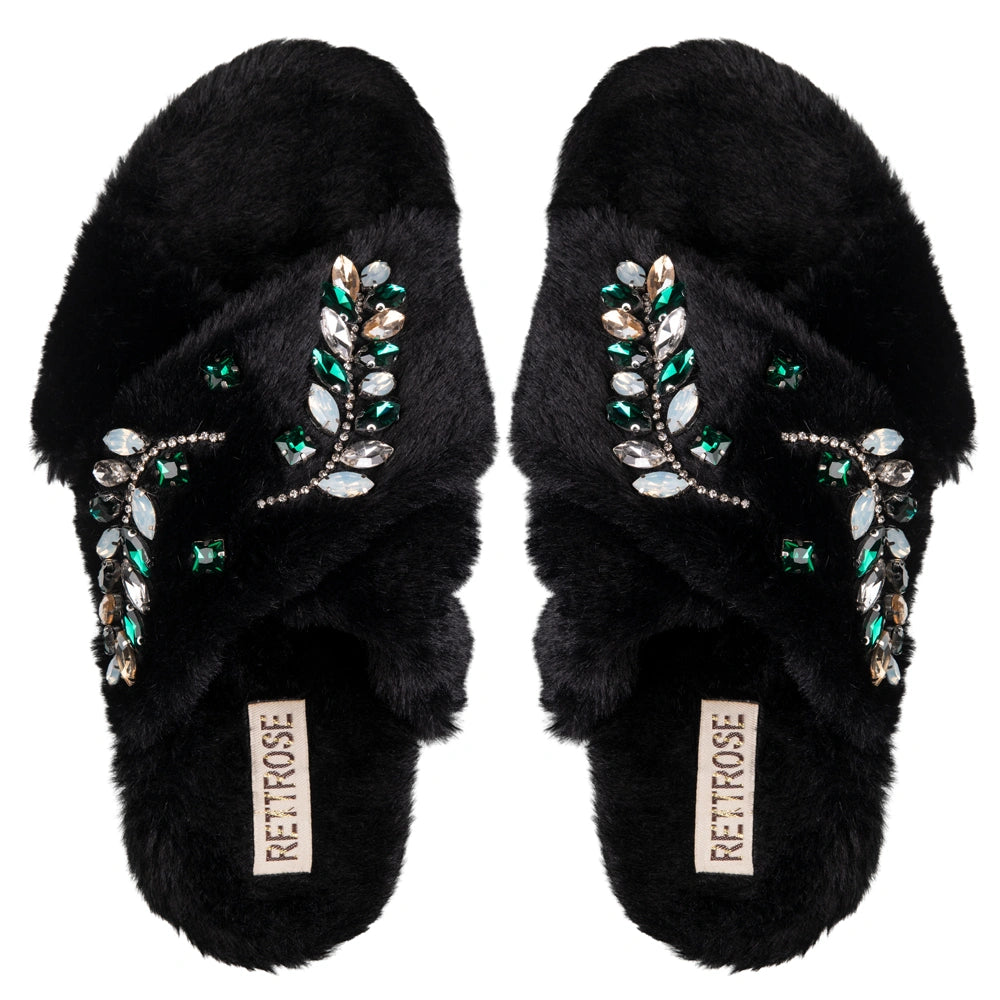 The Thea Black Luxury Fluffy Embellished Slippers