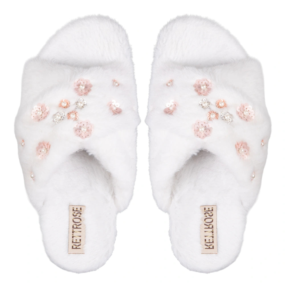 The Kinsley Cream Luxury Fluffy Embellished Slippers