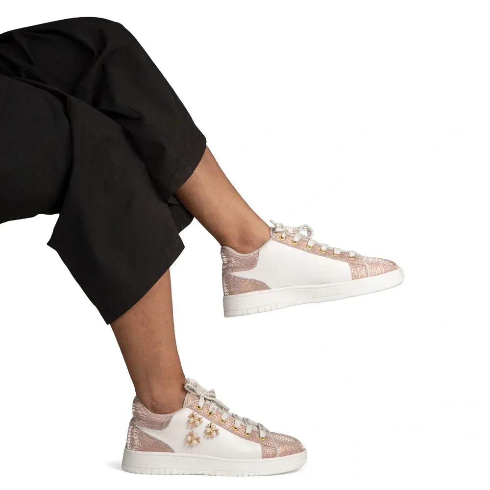 The Lattice Pearl White Peach Luxury Embellished Casual Sneaker