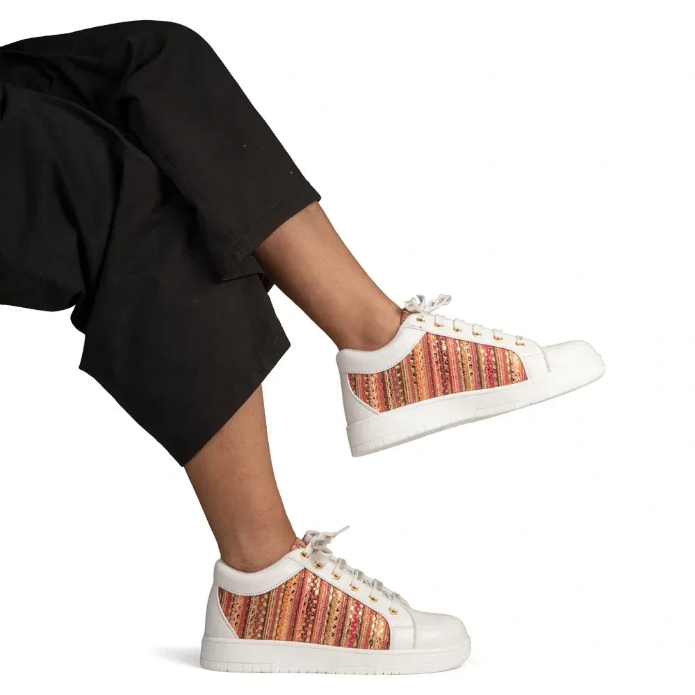 The Sunset Stitch White Red Luxury Embellished Casual Sneaker