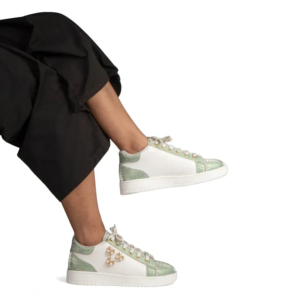 The Lattice Pearl White Mint Luxury Embellished Casual Sneaker