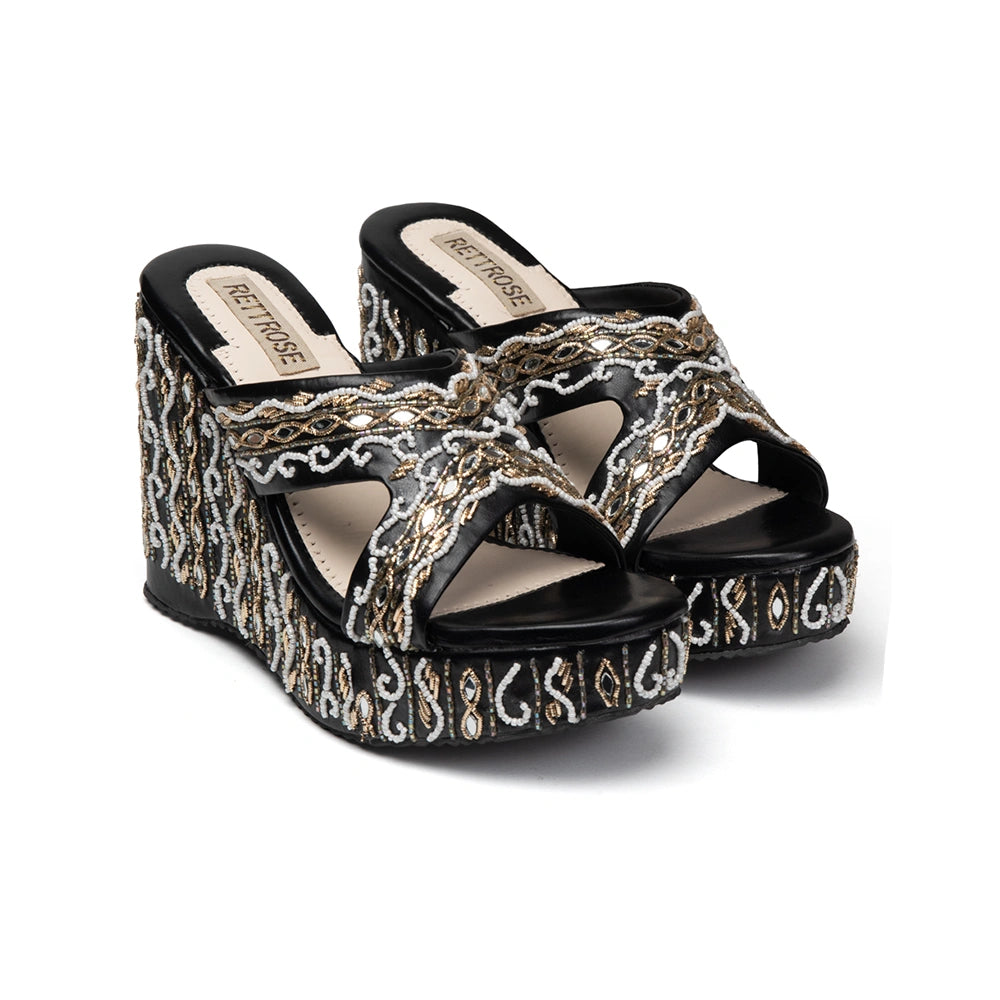 The Ruth Black Hand Embellished Luxury Wedge Shoe