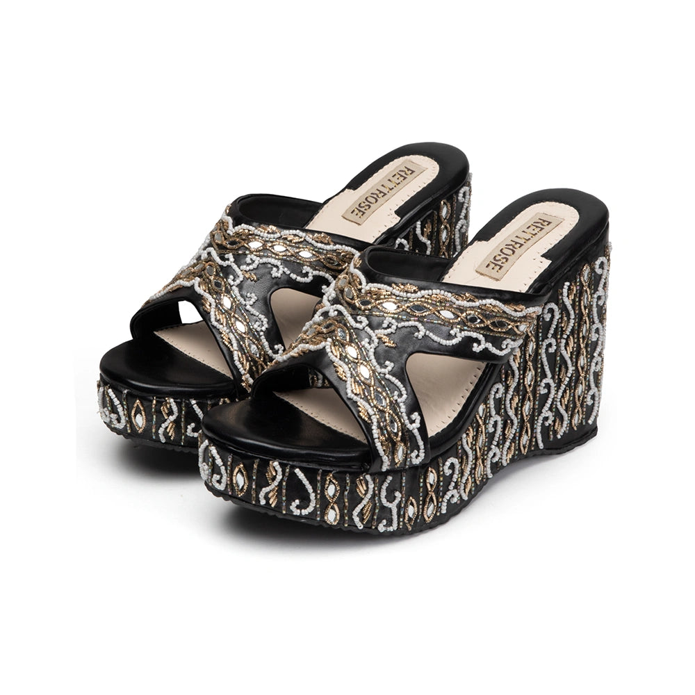 The Ruth Black Hand Embellished Luxury Wedge Shoe