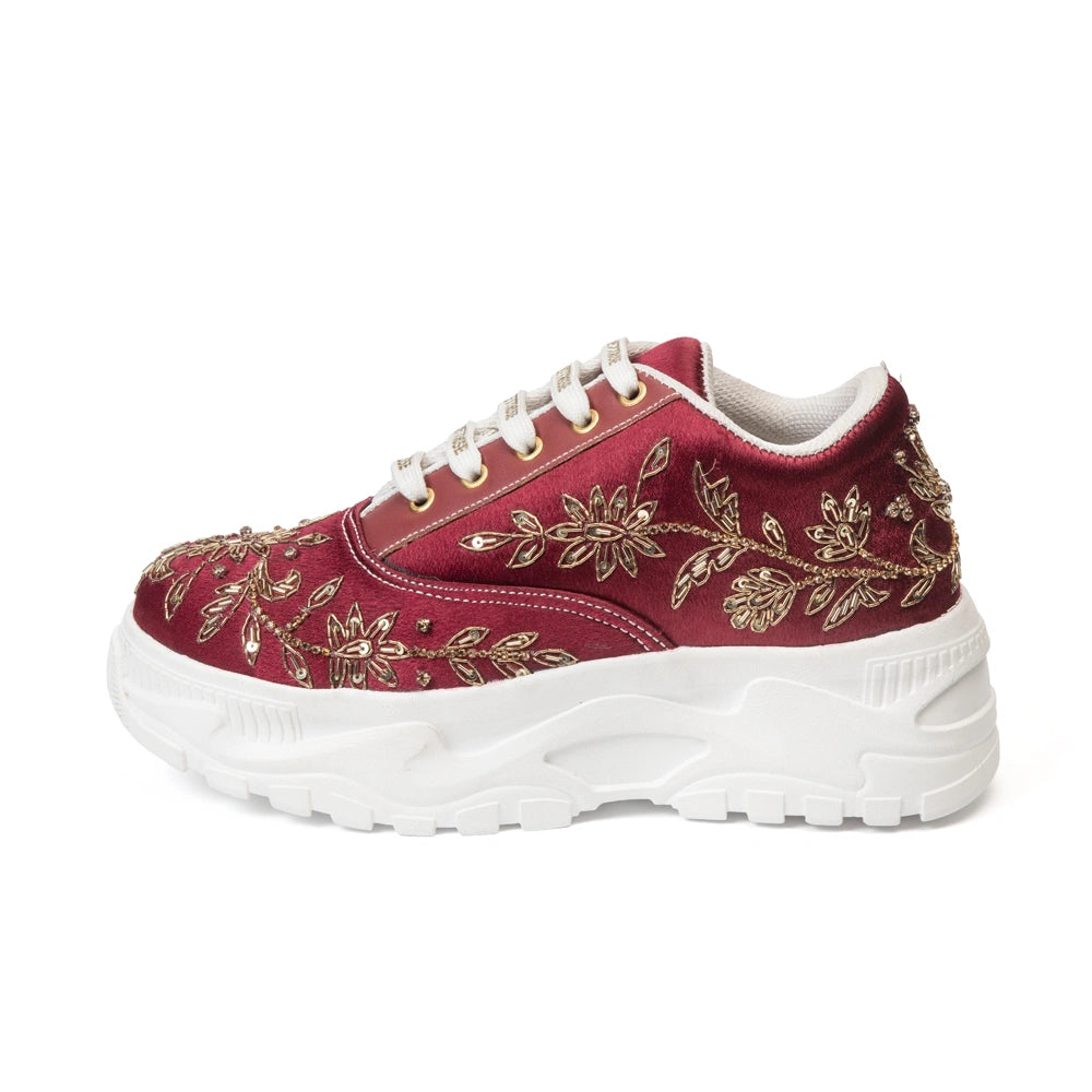 The Arabella Luxury Red Satin Embellished Trainer
