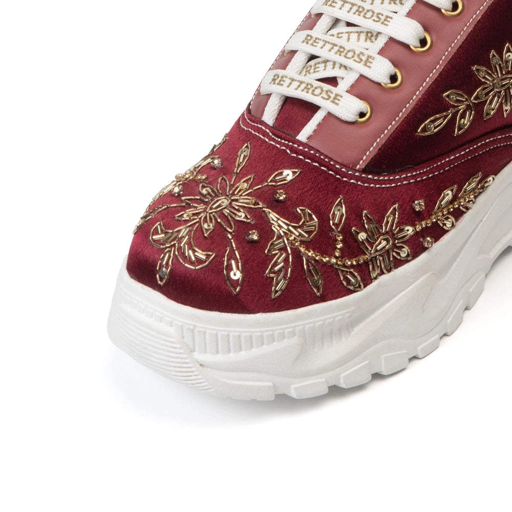 The Arabella Luxury Red Satin Embellished Trainer