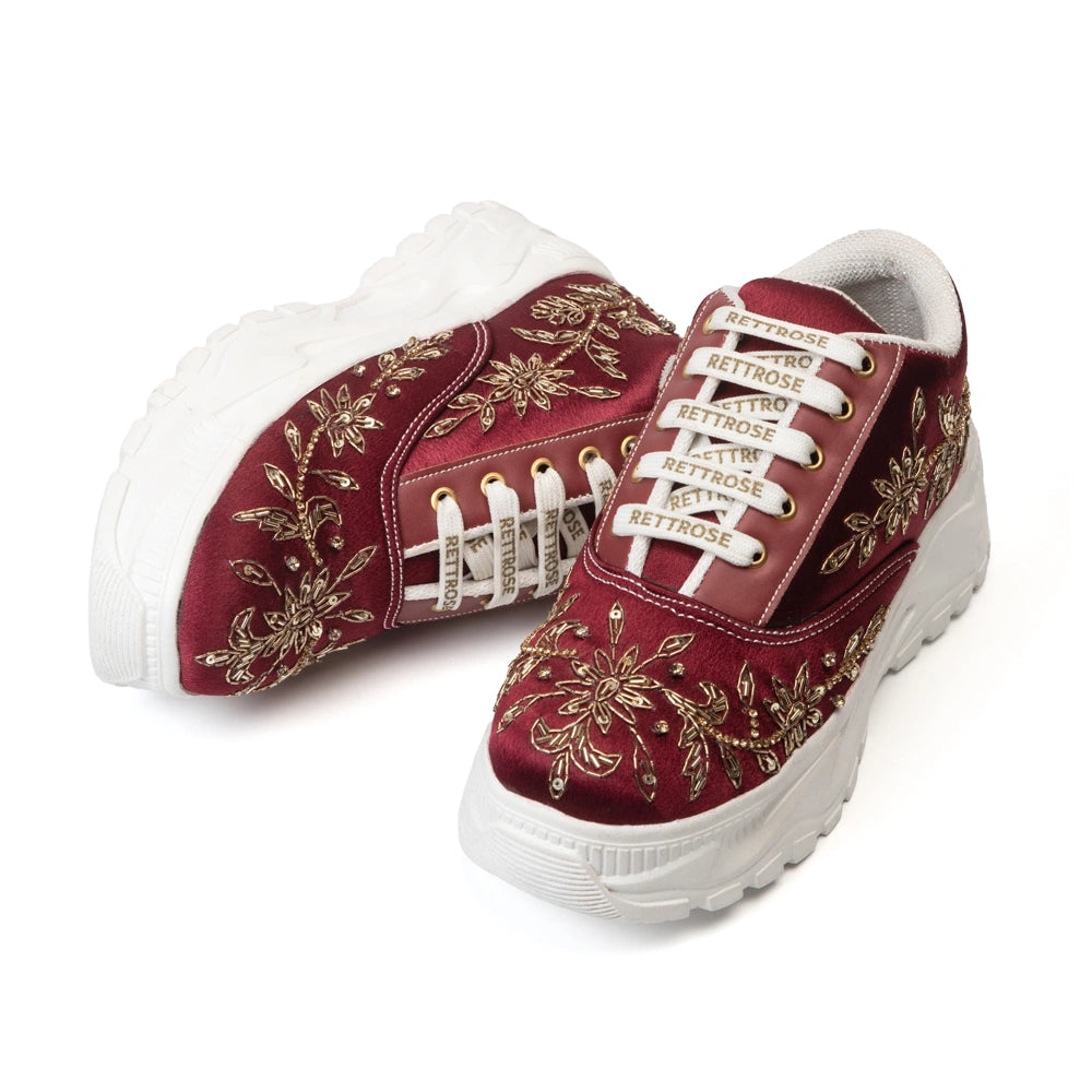 The Arabella Luxury Red Satin Embellished Trainer