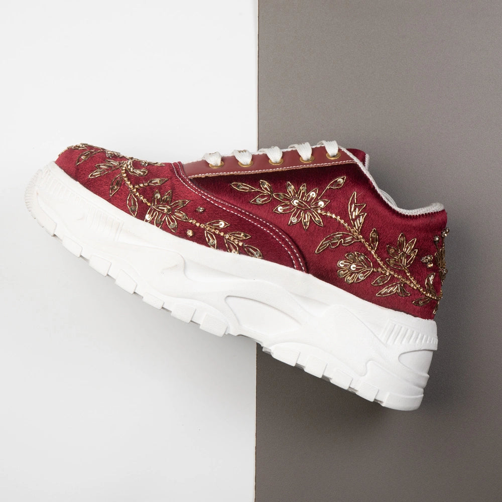 The Arabella Luxury Red Satin Embellished Trainer