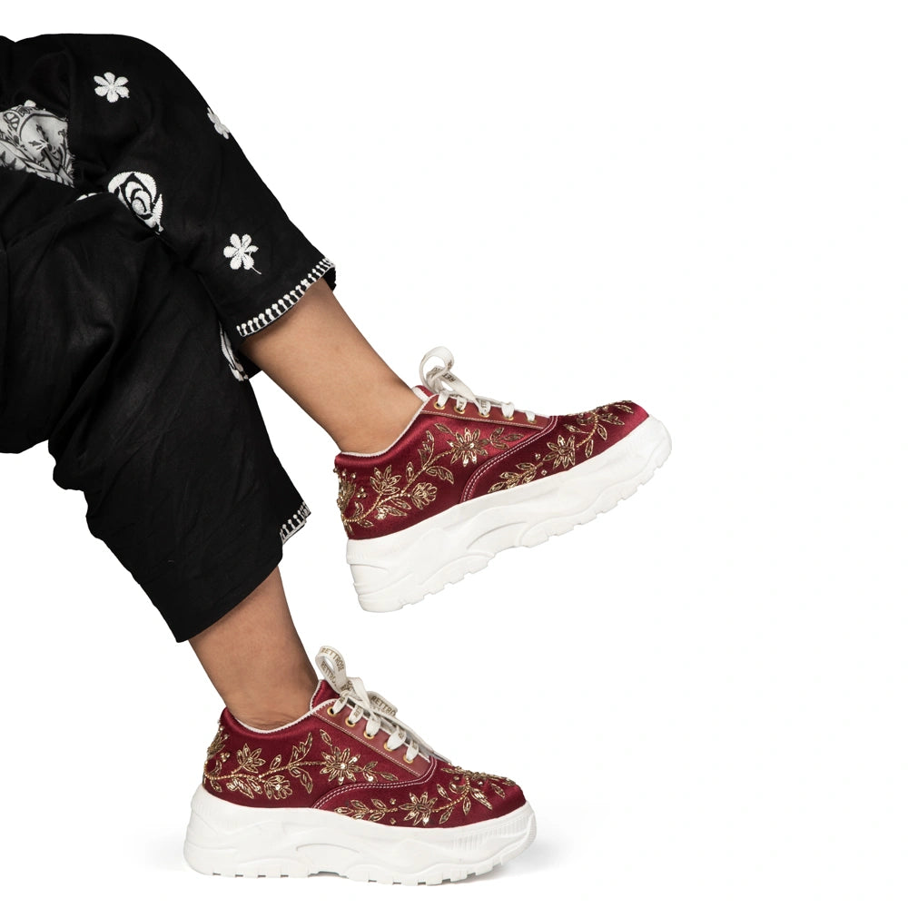 The Arabella Luxury Red Satin Embellished Trainer