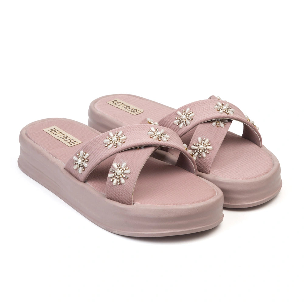 The Safira Pink Luxury Cross Over Embellished Slides