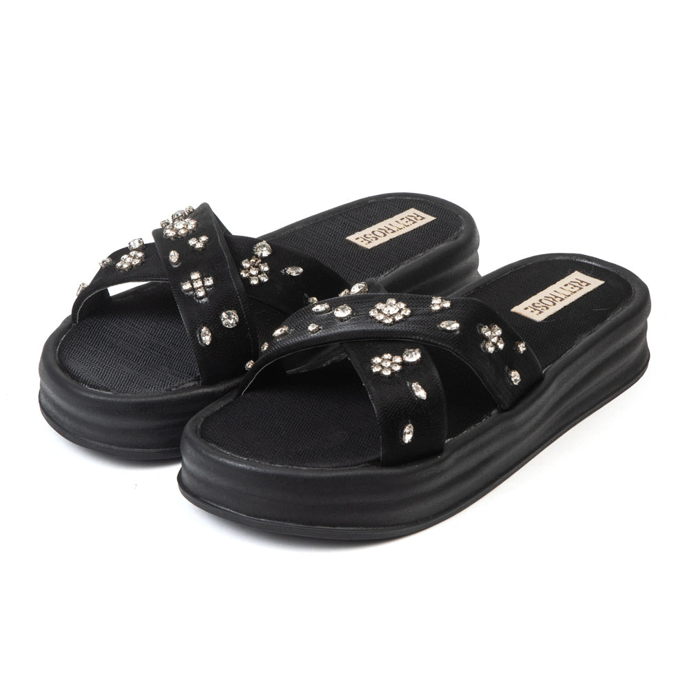 The Giana Black Luxury Cross Over Embellished Slides