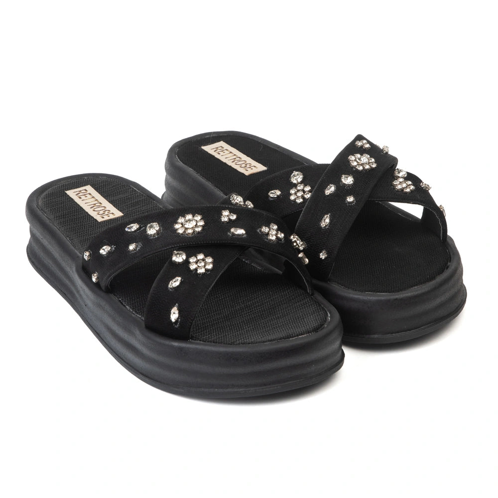 The Giana Black Luxury Cross Over Embellished Slides