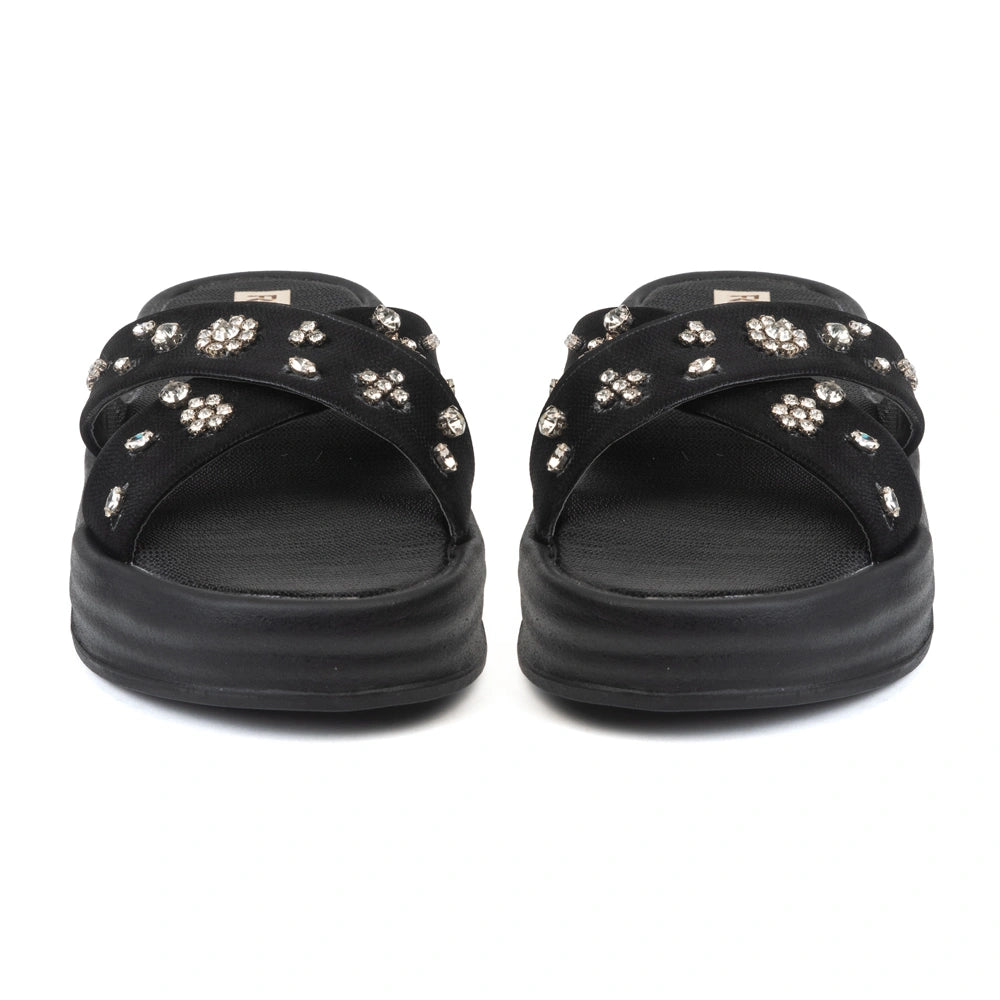 The Giana Black Luxury Cross Over Embellished Slides