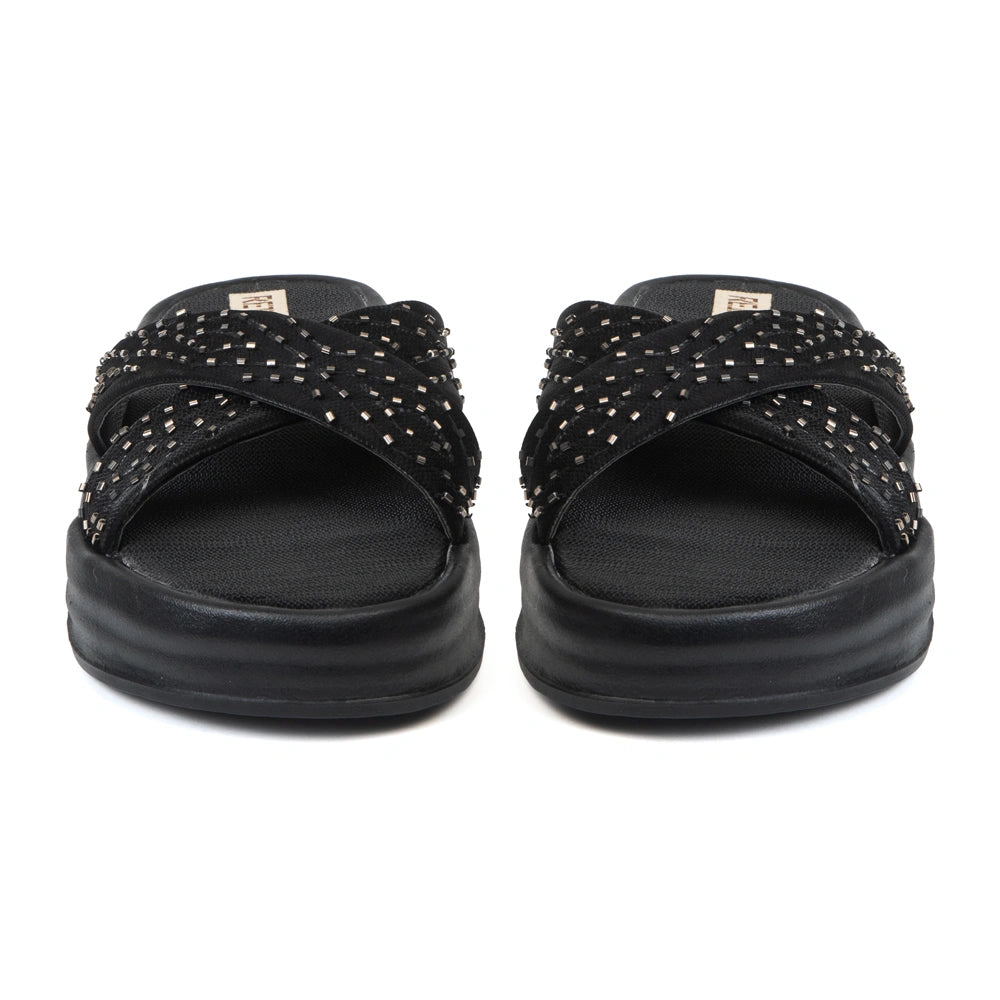 The Shiloh Black Luxury Cross Over Embellished Slides