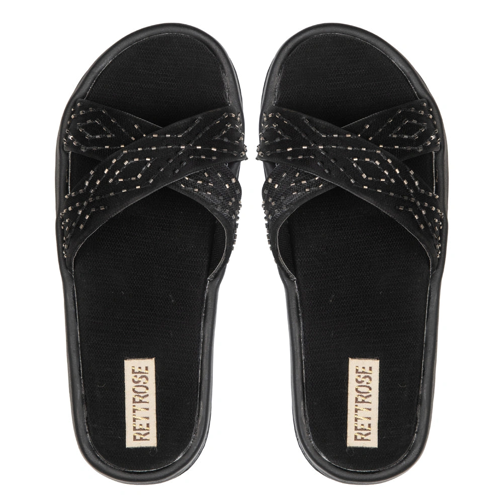The Shiloh Black Luxury Cross Over Embellished Slides