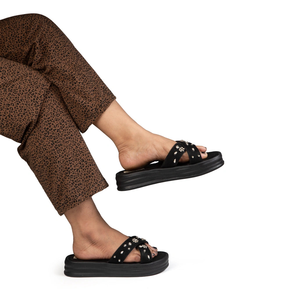 The Giana Black Luxury Cross Over Embellished Slides