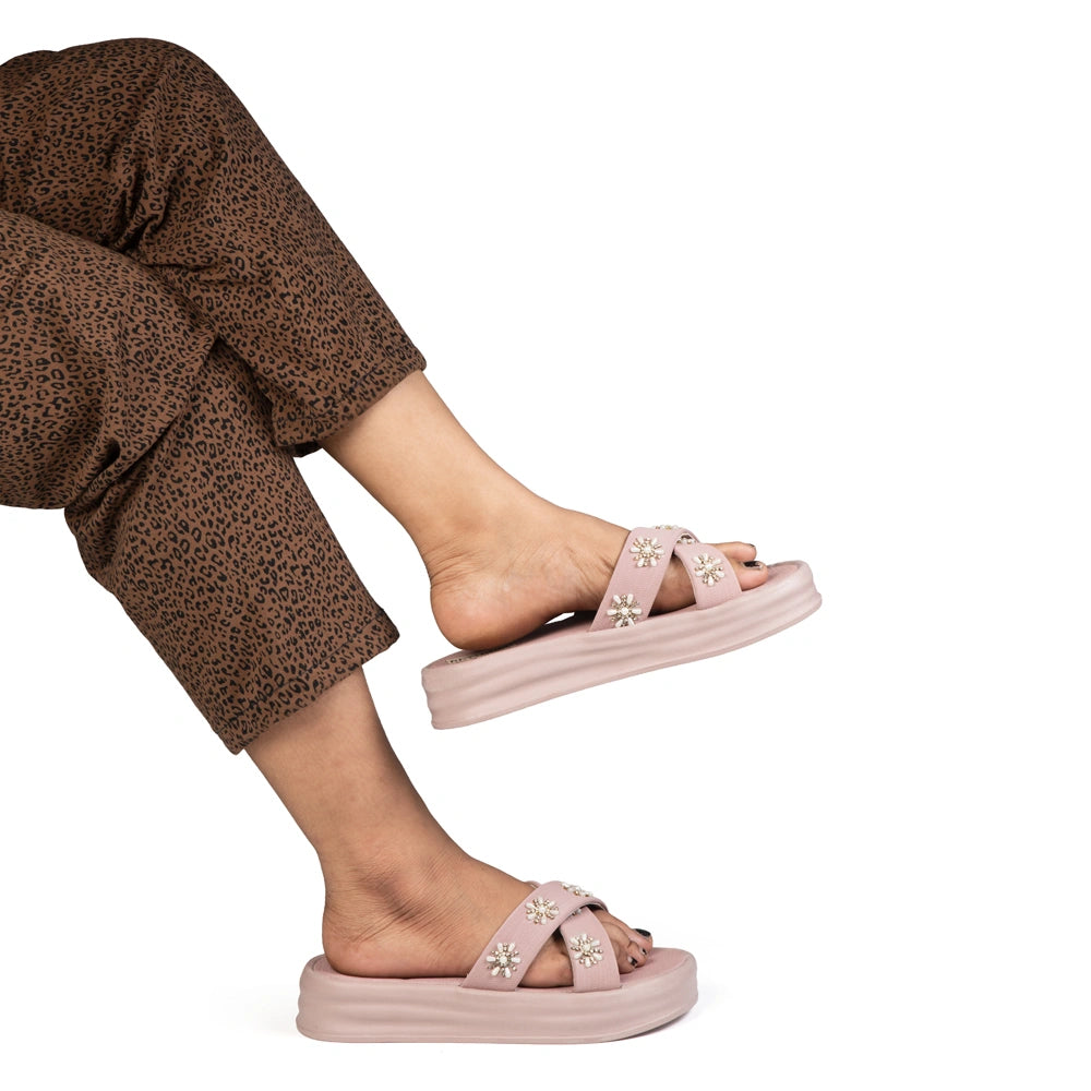 The Safira Pink Luxury Cross Over Embellished Slides