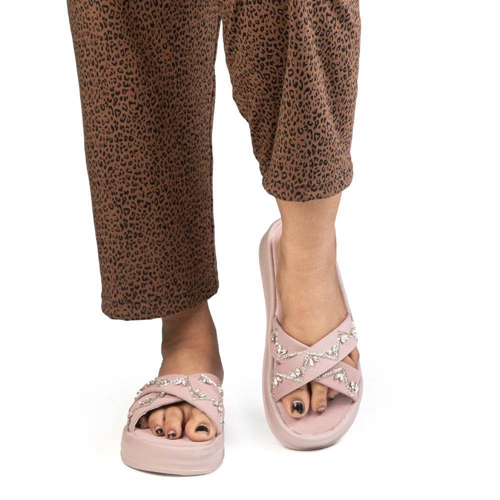 The Soraya Pink Luxury Cross Over Embellished Slides