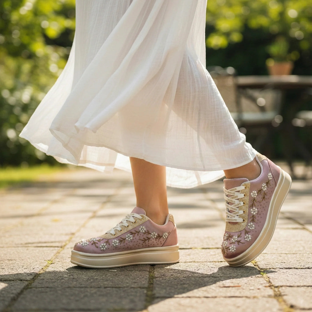 The Delphine Luxury Blush Bloom Embellished Trainer