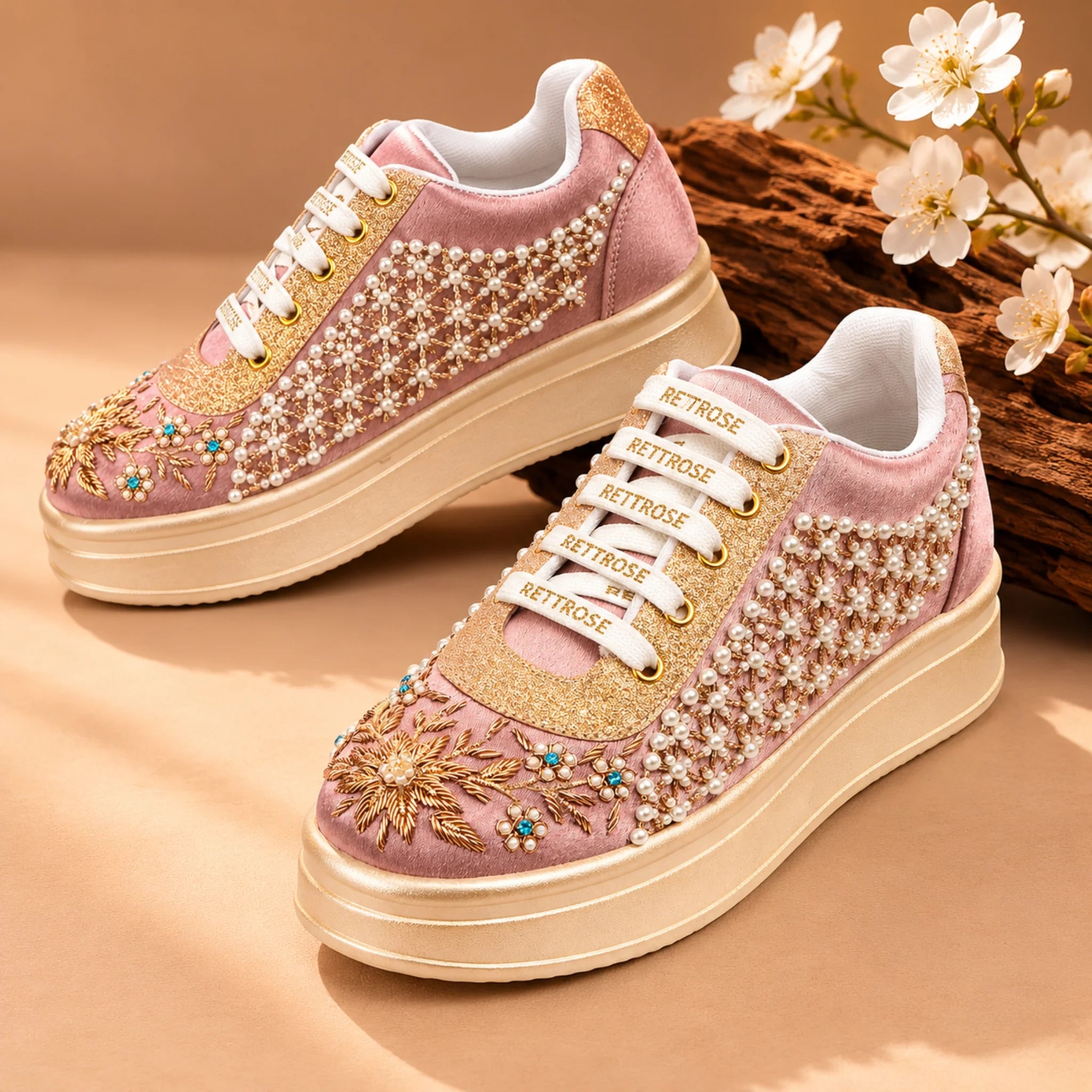 The Evangeline Luxury Pearl Meadow Embellished Trainer