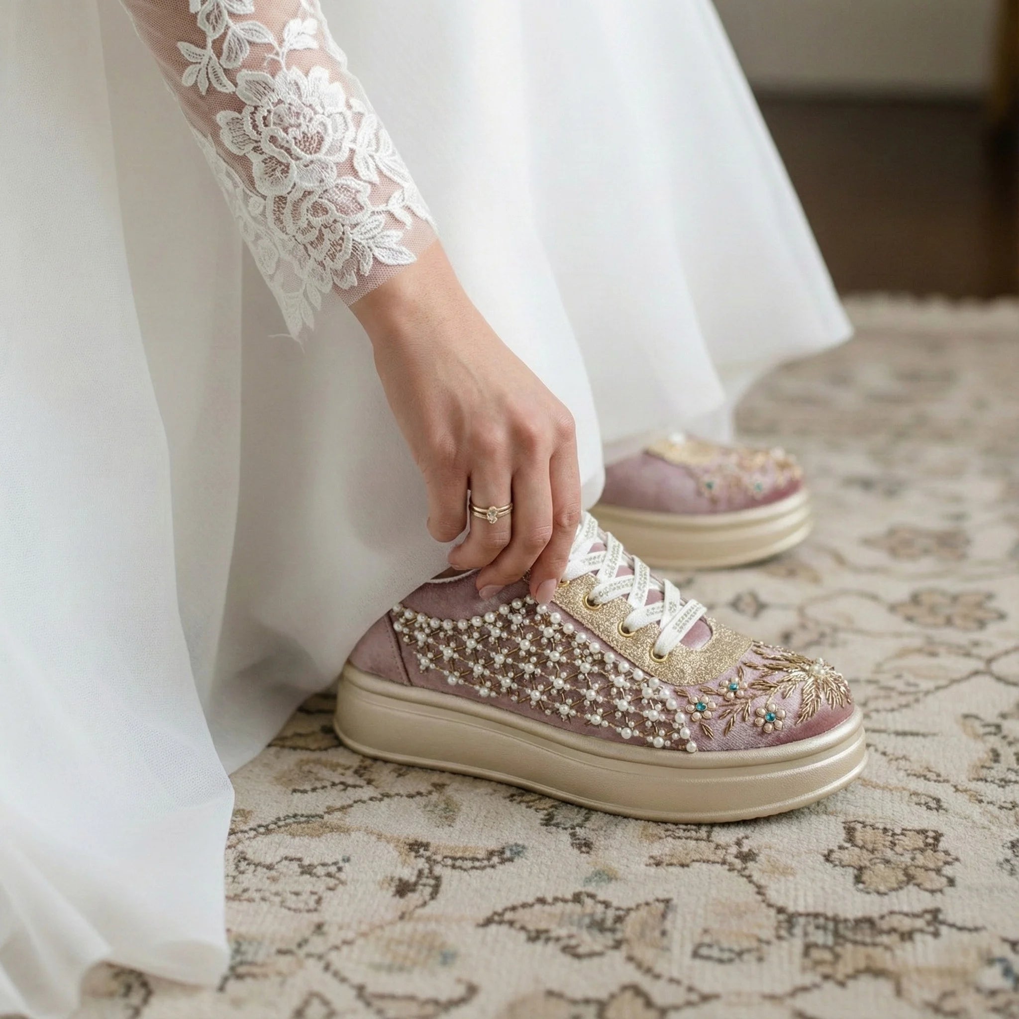 The Evangeline Luxury Pearl Meadow Embellished Trainer