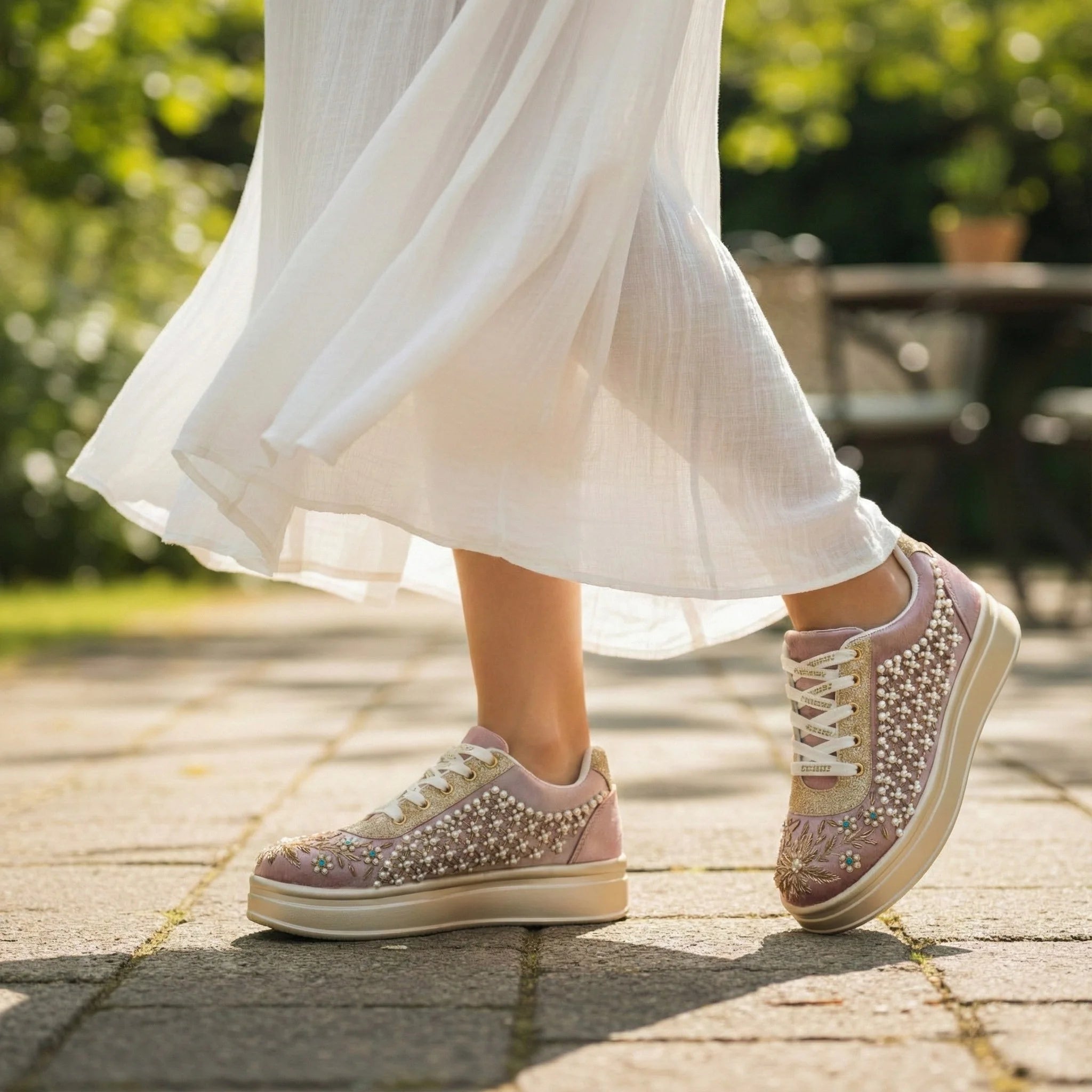 The Evangeline Luxury Pearl Meadow Embellished Trainer