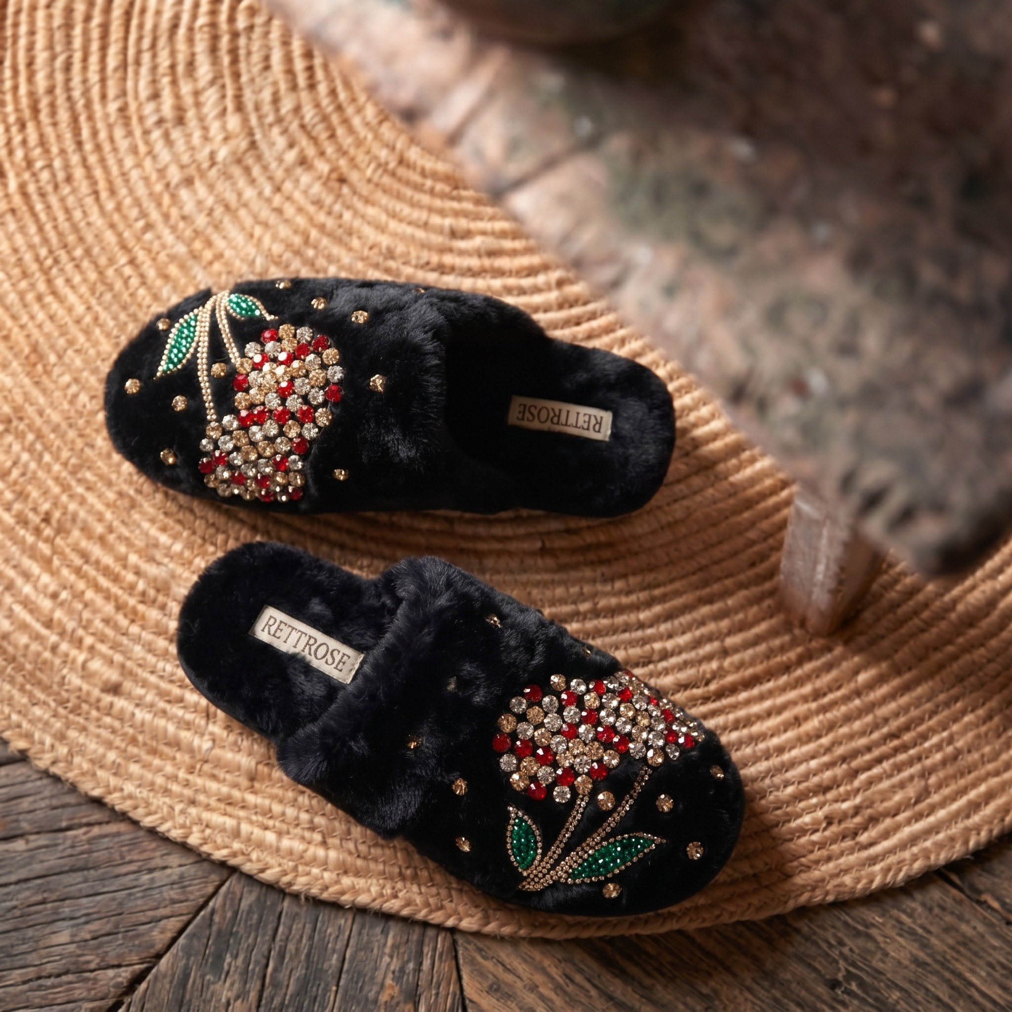 The Georgie Black Luxury Fluffy Embellished Slippers