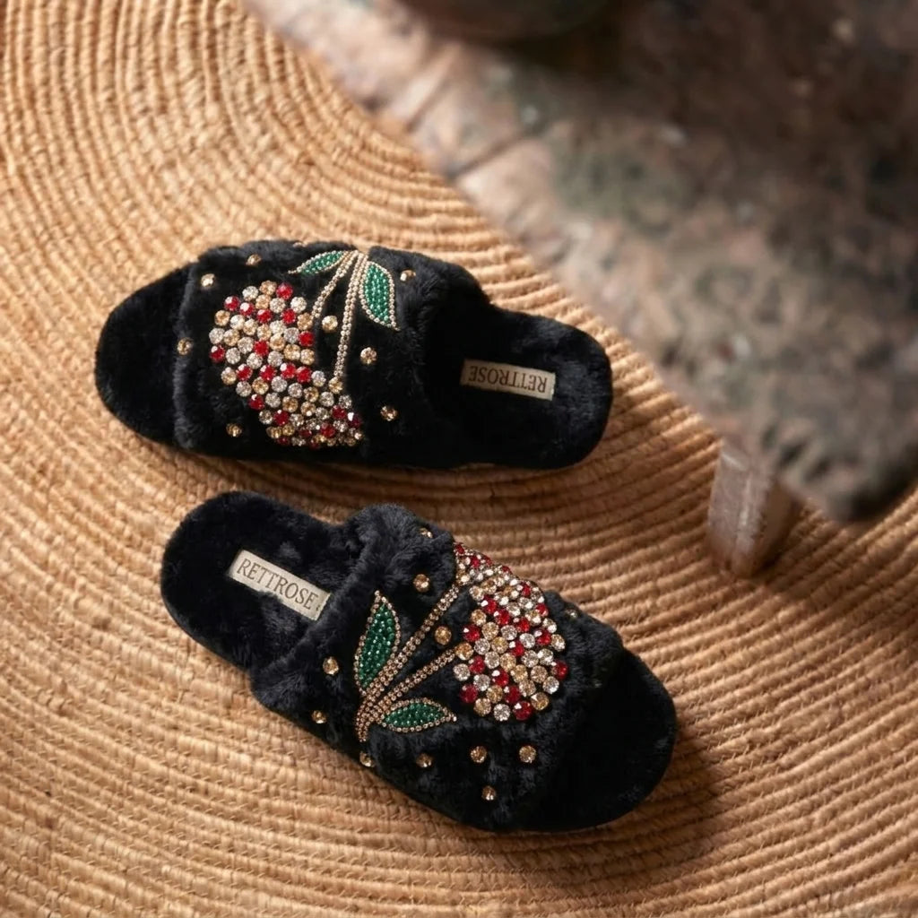 The Georgie Black Luxury Fluffy Embellished Slippers