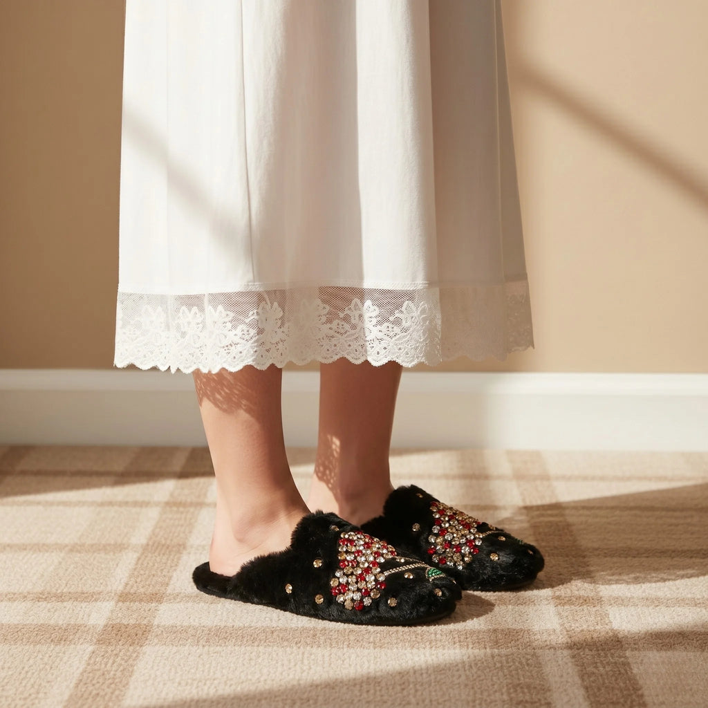 The Georgie Black Luxury Fluffy Embellished Slippers