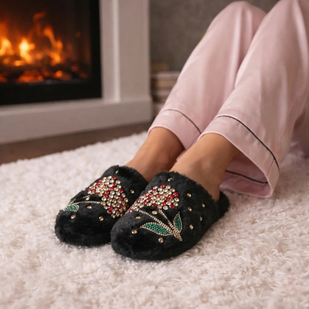 The Georgie Black Luxury Fluffy Embellished Slippers