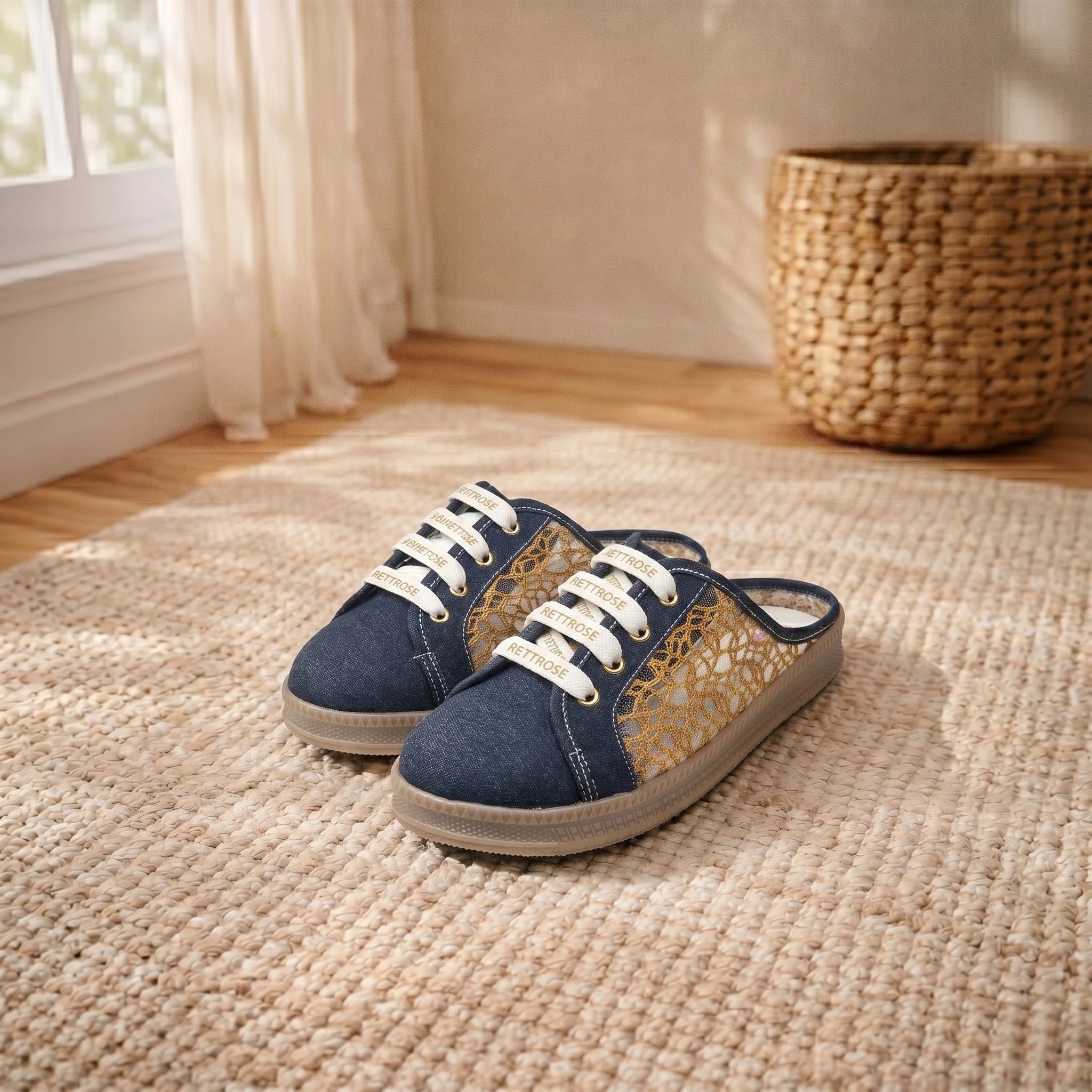 The Gilded Mesh Denim Luxury Embellished Slide Sneakers