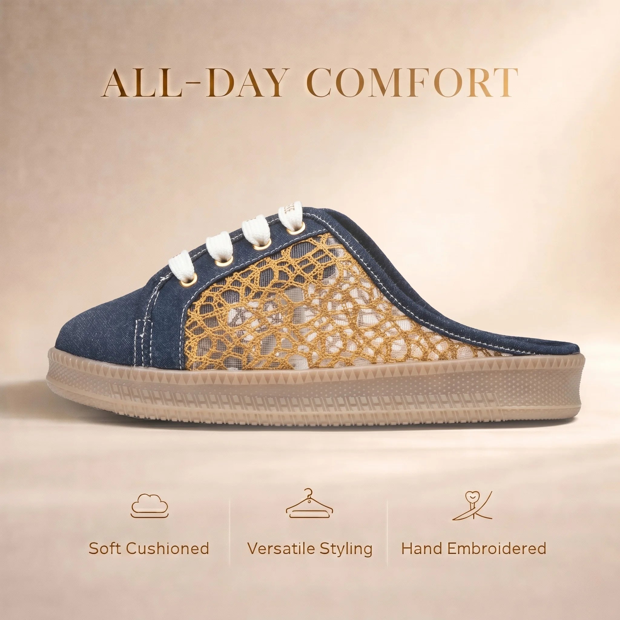 The Gilded Mesh Denim Luxury Embellished Slide Sneakers