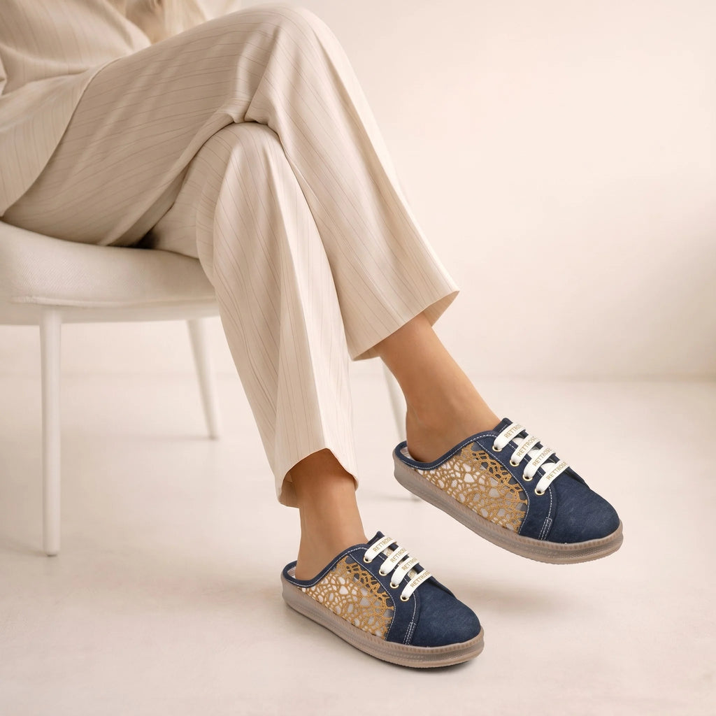 The Gilded Mesh Denim Luxury Embellished Slide Sneakers