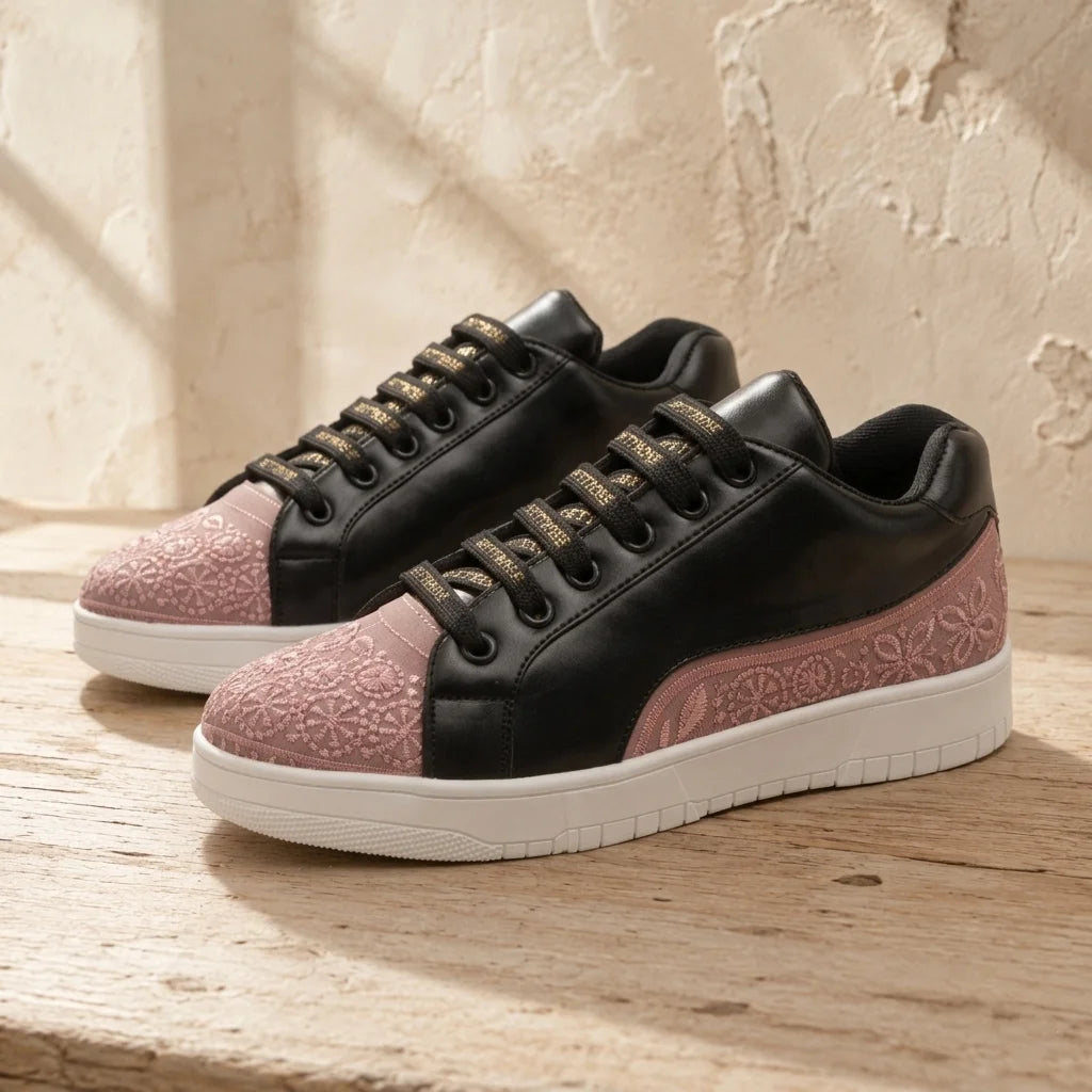The Heirloom Flora Black Peach Luxury Embellished Casual Sneaker