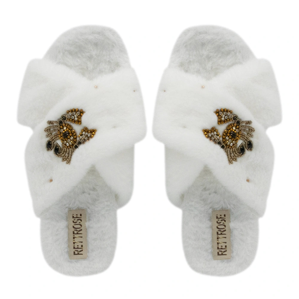 The Sophie Cream Luxury Plush Diamante Embellished Slippers